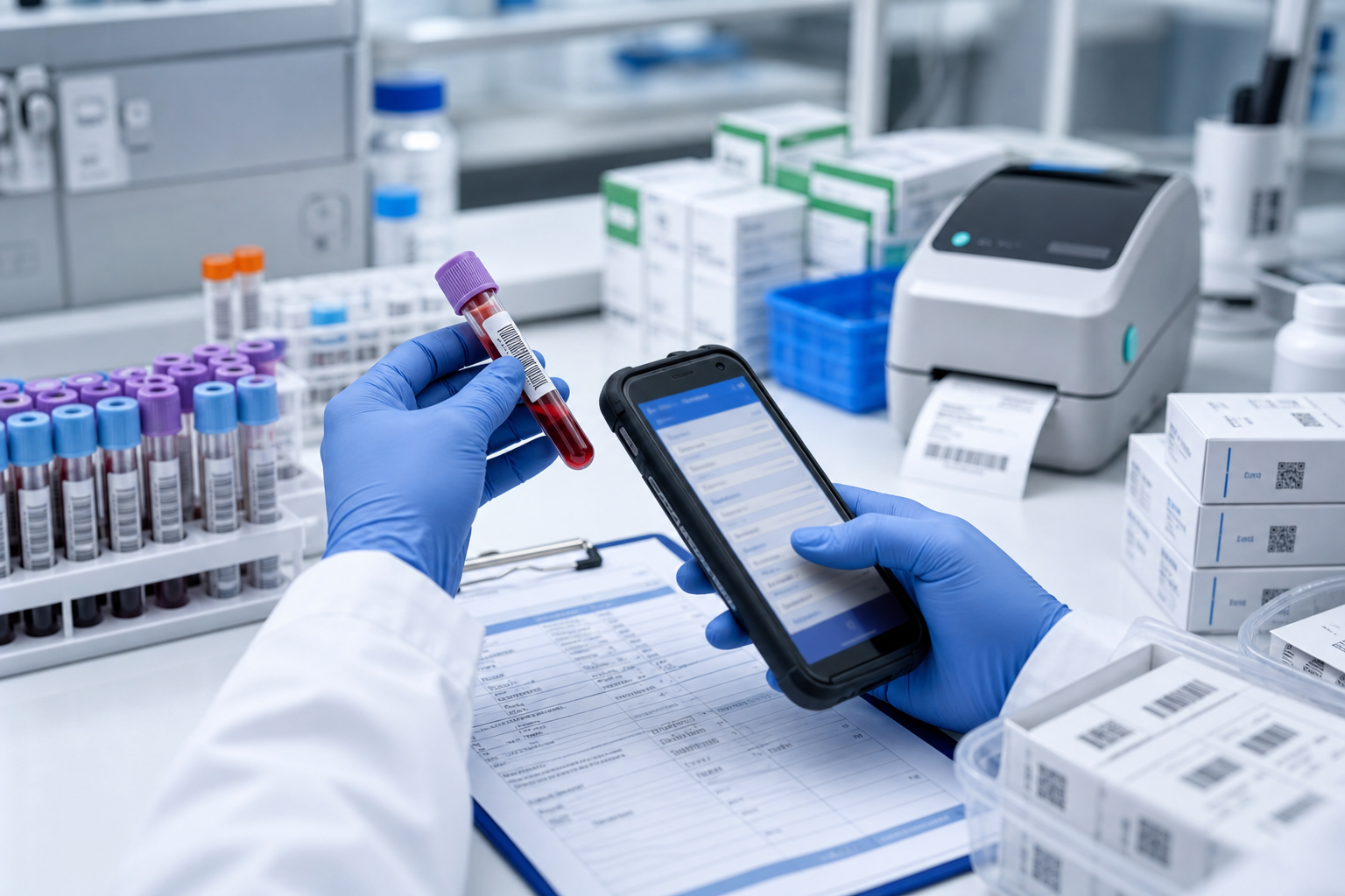 Gloved hands scanning labelled specimen tubes and healthcare inventory