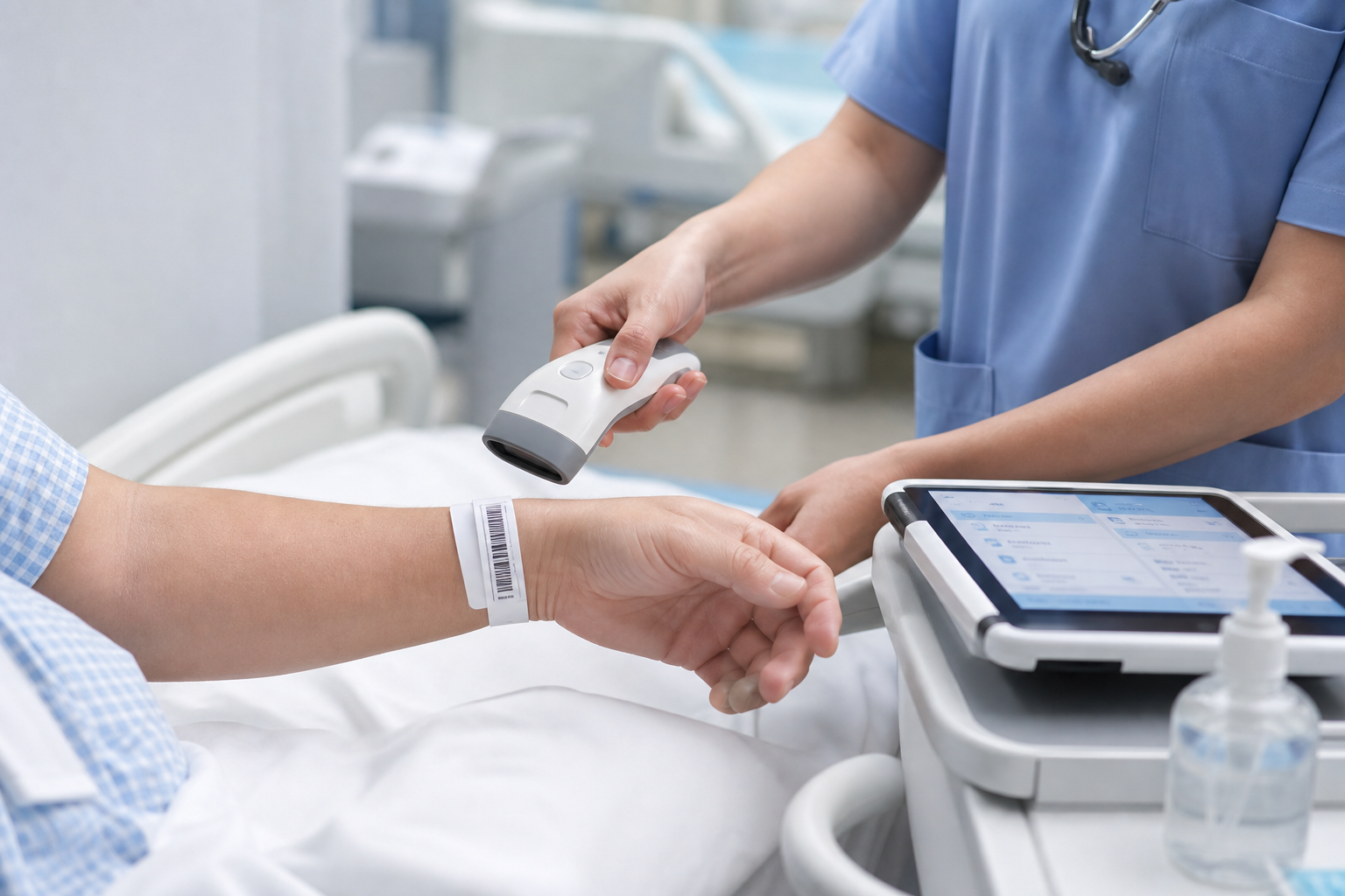 Nurse scanning a patient wristband barcode in a clinical setting